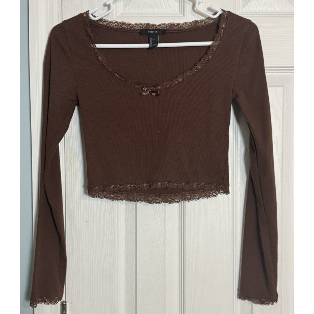 Forever 21 Dark Brown Long Sleeve Tee Ribbed Lace Detail Bow Small